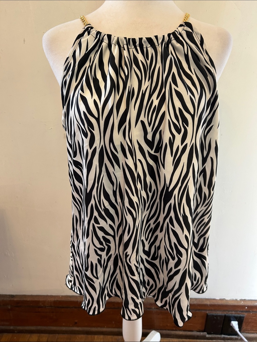 Nicole Miller Black & White Zebra Halter Tank with Gold Chain Straps Size M New